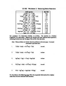 CH 302 Worksheet 11 Balancing Redox Reactions