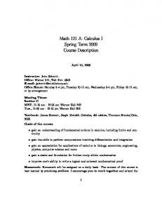Math 121 A: Calculus I Spring Term 2009 Course Description